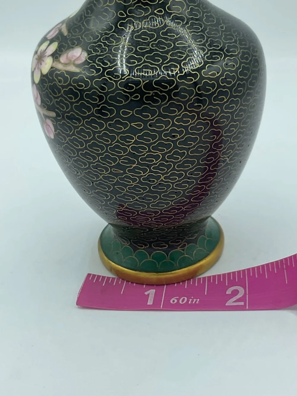 Chinese cloisonné enamel vase features a black background Floral Cherry Blossoms